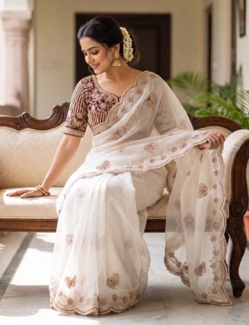TRENDING FENDY SATIN EMBROIDERY 3 MM SEQUENCE WORK HEAVY BORDER WITH BUTTA SAREE WITH STITCHED BLOUSE WHITE