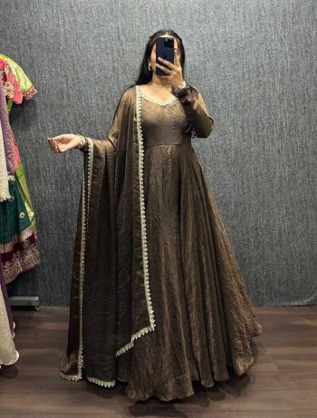 TRENDING FENDY SILK CRUSH MIRROR WORK GOWN WITH DUPATTA BROWN