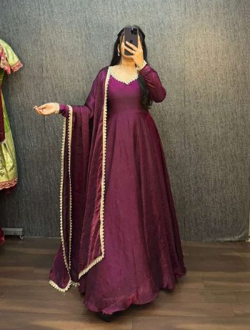 TRENDING FENDY SILK CRUSH MIRROR WORK GOWN WITH DUPATTA WINE