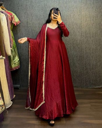 TRENDING FENDY SILK CRUSH MIRROR WORK GOWN WITH DUPATTA MAROON