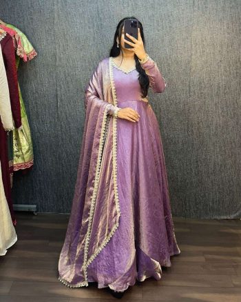 TRENDING FENDY SILK CRUSH MIRROR WORK GOWN WITH DUPATTA LAVENDER