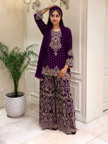 TRENDING GEORGETTE ZARI & SEQUENCE EMBROIDERY WORK TOP PALAZZO WITH DUPATTA PURPLE