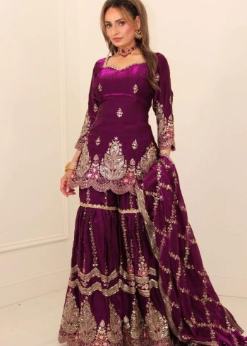 TRENDING HEAVY FENDY CRUSH SEQUENCE AND EMBROIDERY WORK TOP SHARARA WITH DUPATTA WINE