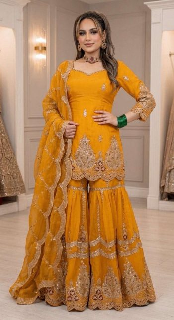 TRENDING HEAVY FENDY CRUSH SEQUENCE AND EMBROIDERY WORK TOP SHARARA WITH DUPATTA YELLOW