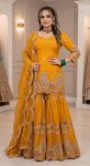 TRENDING HEAVY FENDY CRUSH SEQUENCE AND EMBROIDERY WORK TOP SHARARA WITH DUPATTA YELLOW