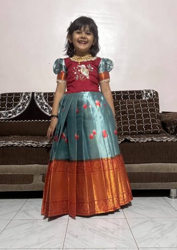TRENDING KANJIVARAM SILK   HEAVY DIGITAL  PRINT AND HAND WORK KID'S GOWN PARROT GREEN