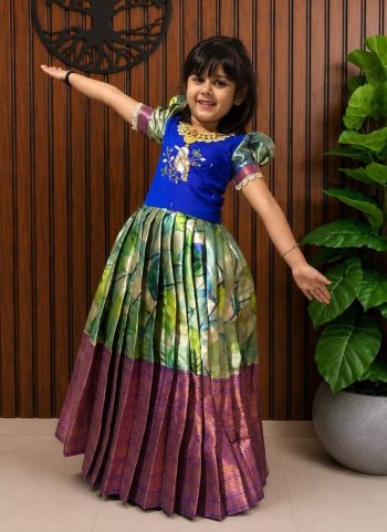 TRENDING KANJIVARAM SILK   HEAVY DIGITAL  PRINT AND HAND WORK KID'S GOWN  GREEN