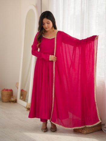 TRENDING MUL CHANDERI HANDRWORK MIRROR LACE WORK GOWN BOTTOM WITH DUPATTA RANI