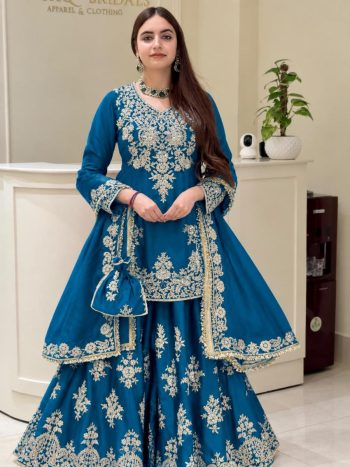 TRENDING NATURAL SILK EMBROIDERY CHAIN SEQUENCE WORK TOP PALAZZO WITH DUPATTA TEAL