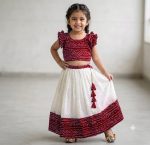 TRENDING NATURAL SILK ZARI  WEAVING WORK KID'S LEHENGA CHOLI RED AND OFF WHITE