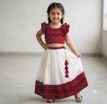 TRENDING NATURAL SILK ZARI  WEAVING WORK KID'S LEHENGA CHOLI RED AND OFF WHITE