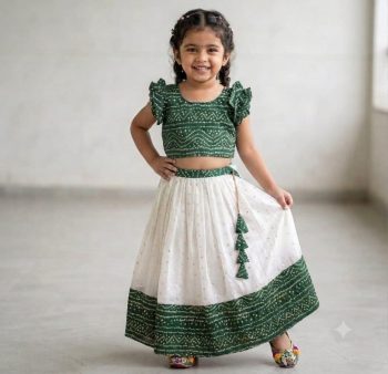 TRENDING NATURAL SILK ZARI  WEAVING WORK KID'S LEHENGA CHOLI GREEN AND OFF WHITE