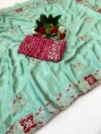 TRENDING PREMIUM CHINON ZARI EMBROIDERY SEQUENCE  BANDHANI PRINT  WORK SAREE WITH BLOUSE SEA GREEN AND RANI