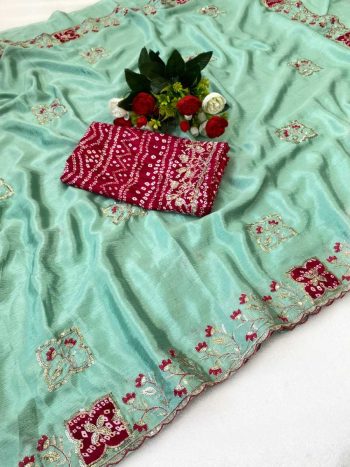 TRENDING PREMIUM CHINON ZARI EMBROIDERY SEQUENCE  BANDHANI PRINT  WORK SAREE WITH BLOUSE SEA GREEN AND RANI