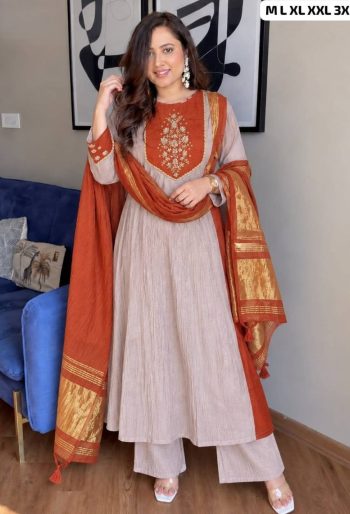 TRENDING PREMIUM MUL CHANDERI INTRICATE & JACQUARD WEAVING WORK TOP BOTTOM AND DUPATTA LAVENDER AND ORANGE