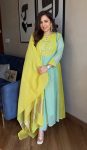 TRENDING PREMIUM MUL CHANDERI INTRICATE & JACQUARD WEAVING WORK TOP BOTTOM AND DUPATTA LAVENDER AND ORANGE GREEN AND SEA BLUE