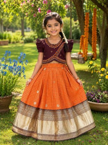 TRENDING PURE SILK  ZARI WORK KID'S LEHENGA CHOLI PURPLE AND ORANGE