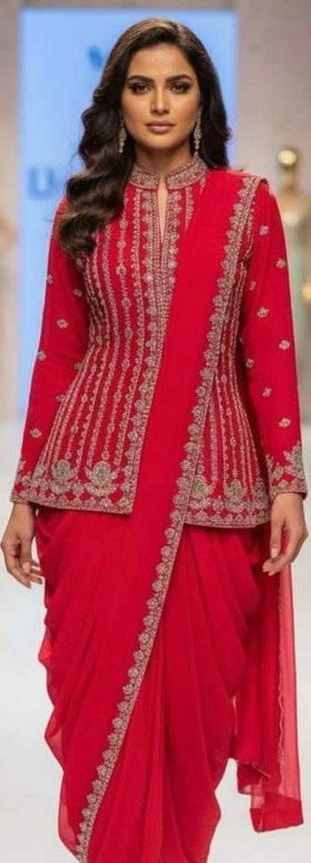 TRENDING RANGOLI SILK EMBROIDERY CORDING WORK READY TO WEAR SAREE WITH JACKET  RED