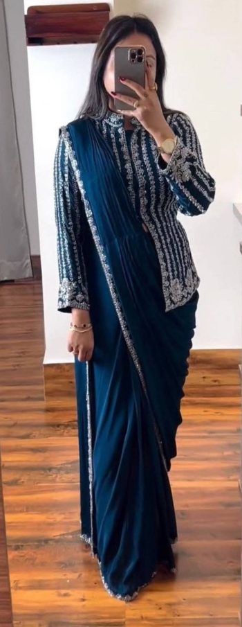 TRENDING RANGOLI SILK EMBROIDERY CORDING WORK READY TO WEAR SAREE WITH JACKET TEAL