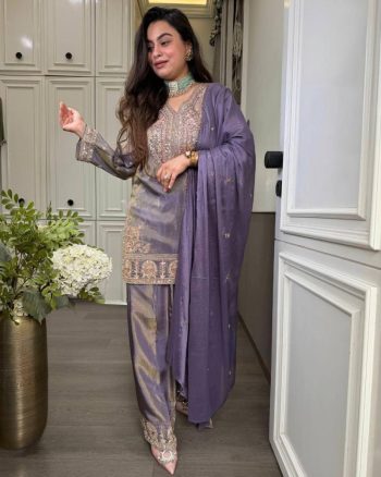 TRENDING RONALD SILK EMBROIDERY SEQUENCE WORK  TOP PALAZZO WITH DUPATTA PURPLE