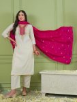 TRENDING SHIMMER GOLD SILK SEQUENCE CODING EMBROIDERY WORK TOP BOTTOM WITH DUPATTA WHITE AND RANI