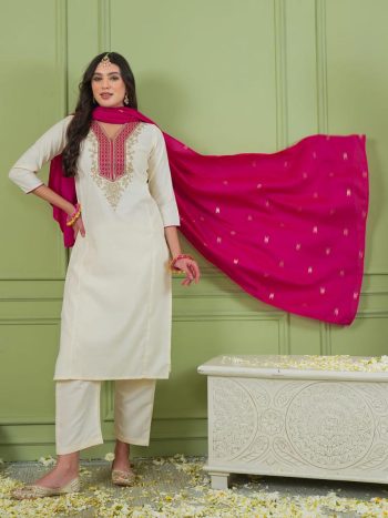 TRENDING SHIMMER GOLD SILK SEQUENCE CODING EMBROIDERY WORK TOP BOTTOM WITH DUPATTA WHITE AND RANI