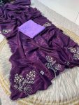 TRENDING SOFT SHINE HO SILK HAVEY PALLU HANDWORK CUT DANA WORK SAREE WITH UNSTITCHED BLOUSE WINE