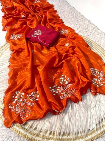 TRENDING SOFT SHINE HO SILK HAVEY PALLU HANDWORK CUT DANA WORK SAREE WITH UNSTITCHED BLOUSE ORANGE