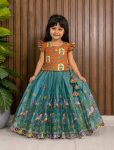 TRENDING SPACE SILK ZARI  EMBROIDERY AND AND CUTWORK BORDER KID'S LEHENGA CHOLI ORANGE AND TEAL