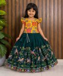 TRENDING SPACE SILK ZARI  EMBROIDERY AND AND CUTWORK BORDER KID'S LEHENGA CHOLI  YELLOW AND GREEN