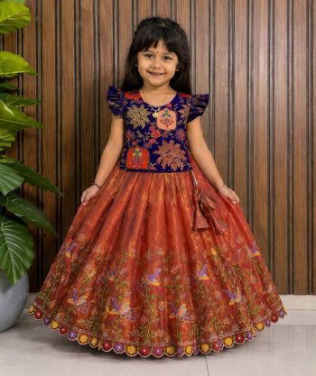 TRENDING SPACE SILK ZARI  EMBROIDERY AND AND CUTWORK BORDER KID'S LEHENGA CHOLI ORANGE AND PURPLE