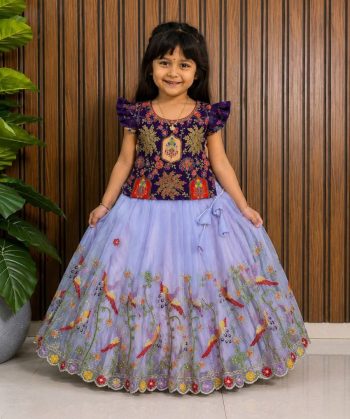 TRENDING SPACE SILK ZARI  EMBROIDERY AND AND CUTWORK BORDER KID'S LEHENGA CHOLI  LAVENDER AND PURPLE